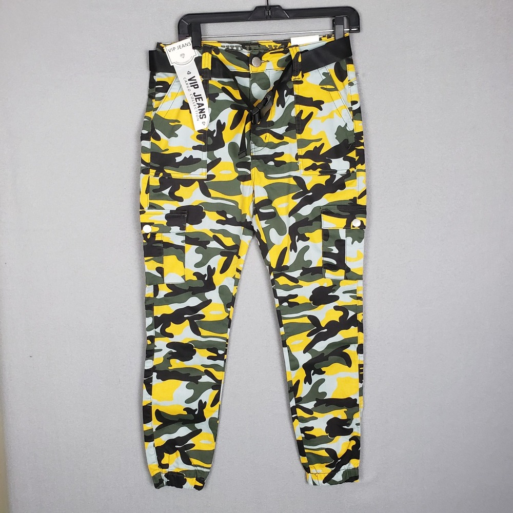 VIP Jeans Cargo Skinny Sculpting Stretch Yellow Green Camo Bold Streetwear Sz 30
